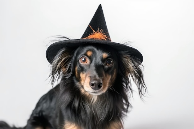 Dog With Witchs Hat On White Background Halloween Generative AI