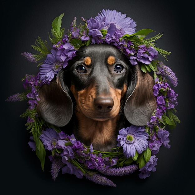 A dog with a wreath of purple flowers on it