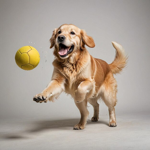 a dog with a yellow ball in his mouth is playing with a yellow ball