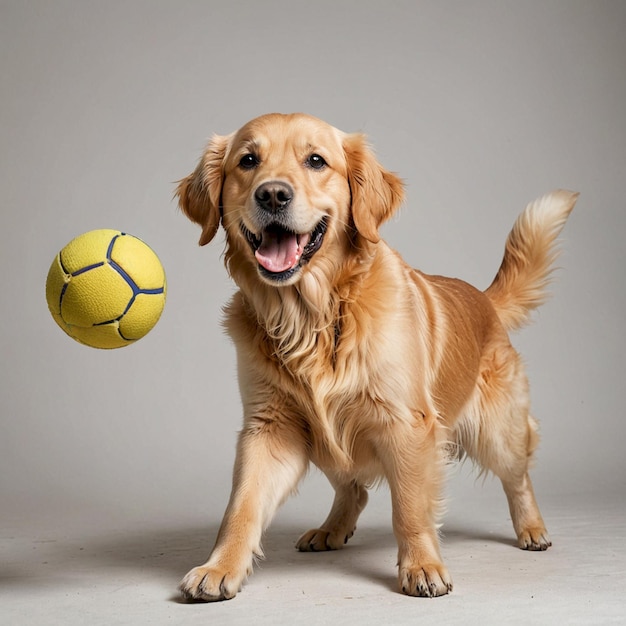 a dog with a yellow soccer ball in his mouth