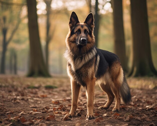 a dog in the woods with autumn leaves