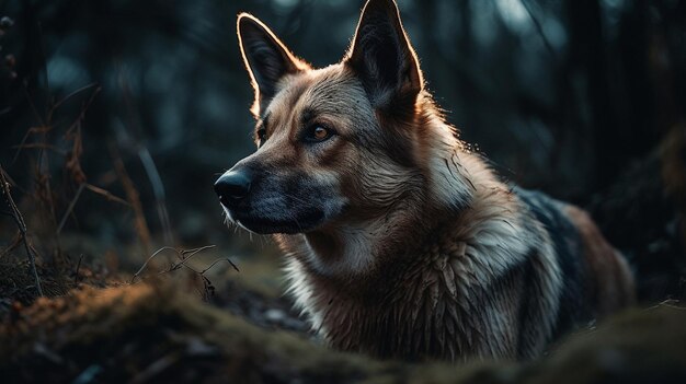 A dog in the woods with a dark background