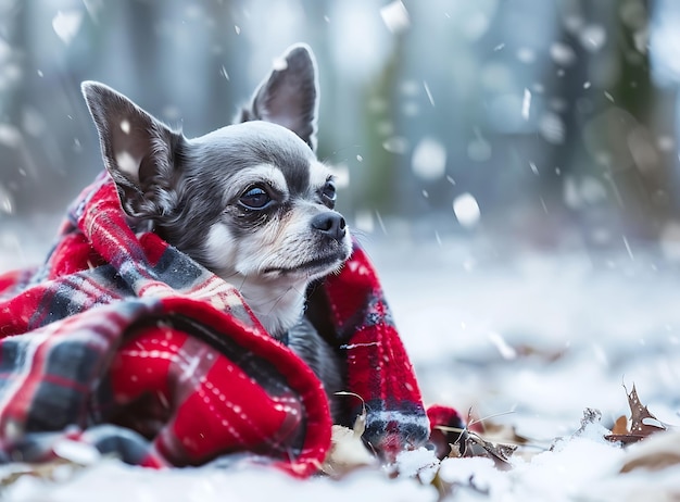 Photo a dog wrapped in a blanket in the snow