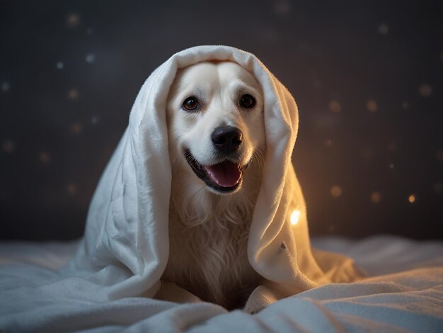 a dog wrapped in a blanket with a star on the background