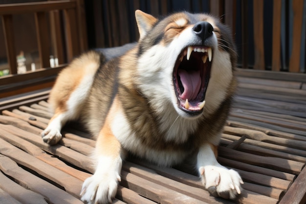 a dog yawns while sitting on a wooden bench