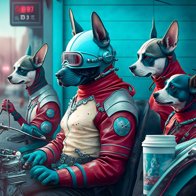 Dogs biker gang dressed in red and blue retro latex jumpsuits