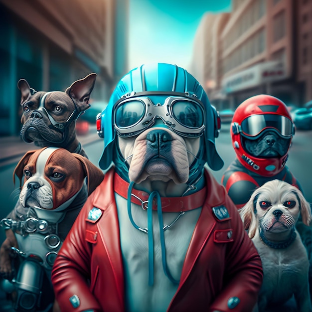 Dogs biker gang dressed in red and blue retro latex jumpsuits