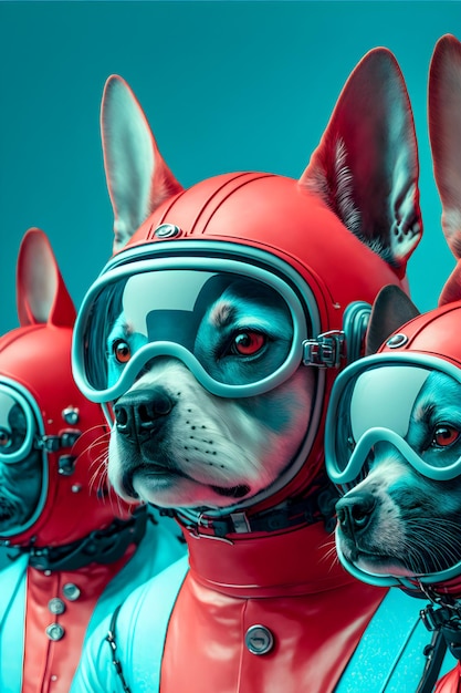 Dogs biker gang dressed in red and blue retro latex jumpsuits