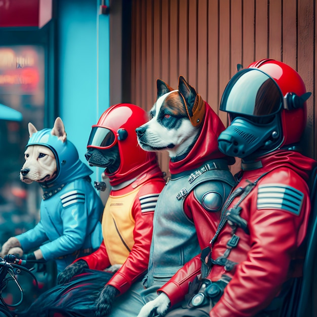 Dogs biker gang dressed in red and blue retro latex jumpsuits