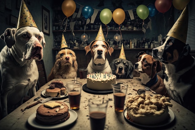 Dogs in birthday caps sit at party Illustration AI Generative