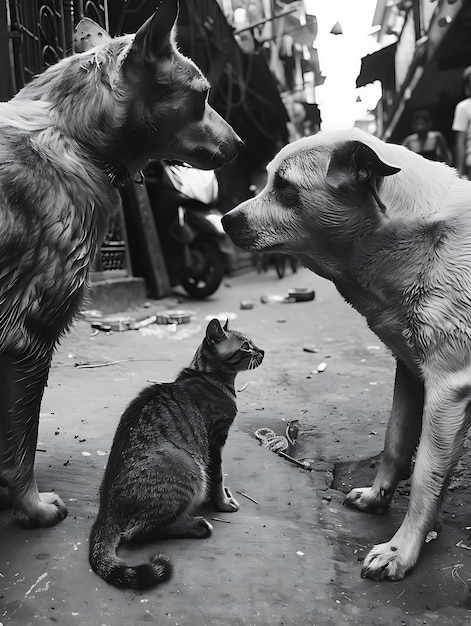 Photo dogs and a cat in a narrow alley