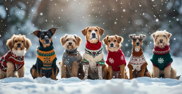 Dogs in festive sweaters sitting in snowy forest