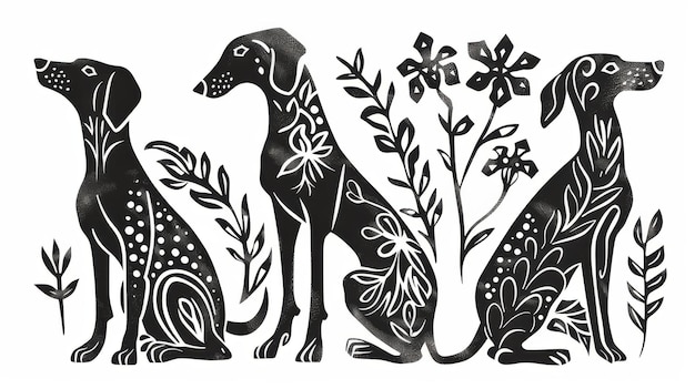 Photo dogs linocut with botanical plant black silhouette line style hand drawn sketch of stylized for print ai generative