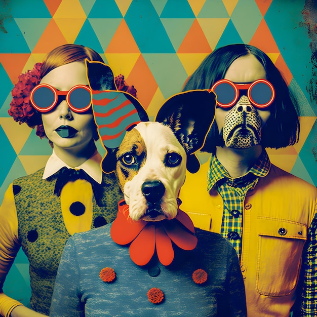 Dogs music band illustration fashionable, retro pop and coroful pattern, anthropomorphic animal