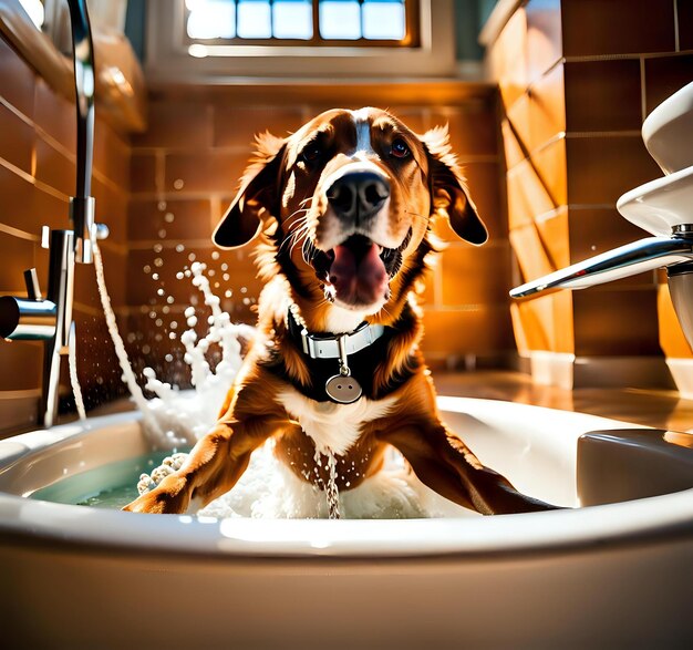 Photo dogs playtime in a spa like bathtub scene