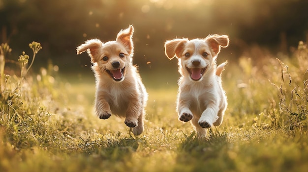 dogs running in a field with the sun behind them