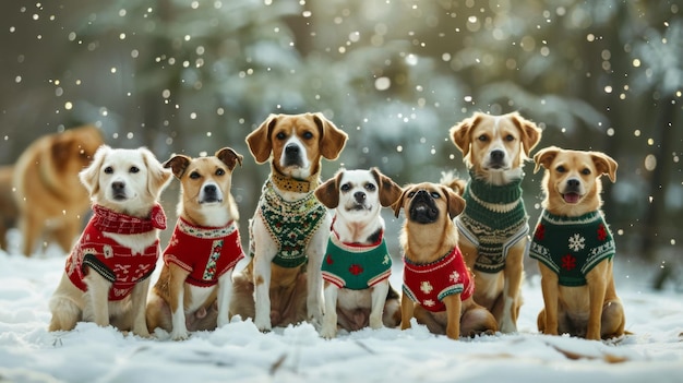 Dogs wearing Christmas sweaters in snowy forest