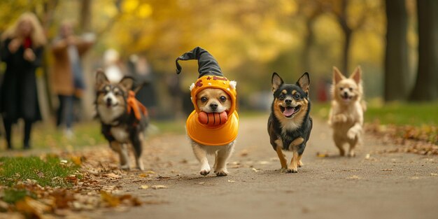 Photo dogs wearing halloween costumes are on a dirt road