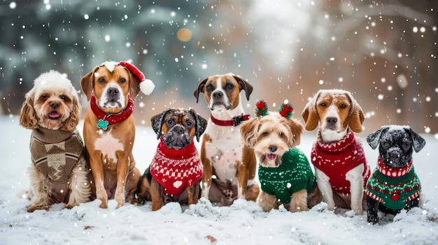 Dogs wearing winter sweaters in snowy landscape