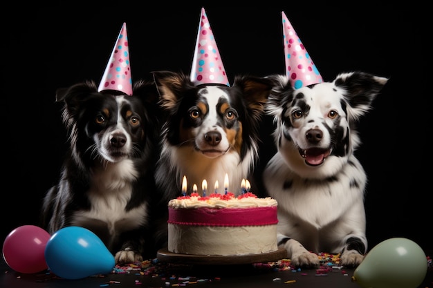 Dogs with party hats and balloons celebrate life on black background Generative AI