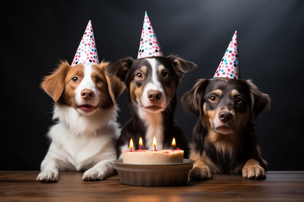 Dogs with party hats and balloons celebrate life on black background Generative AI