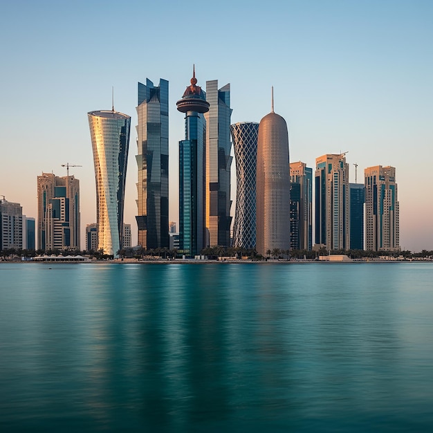 Doha modern city reflected in the sea Qatar