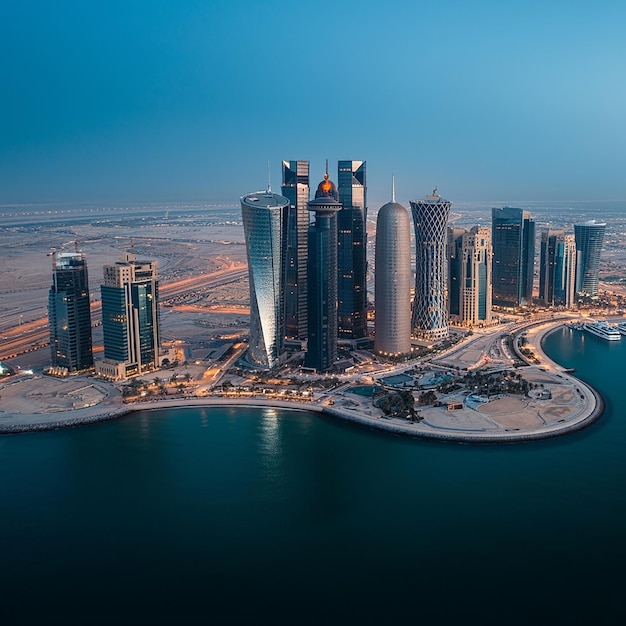 Doha modern city reflected in the sea Qatar