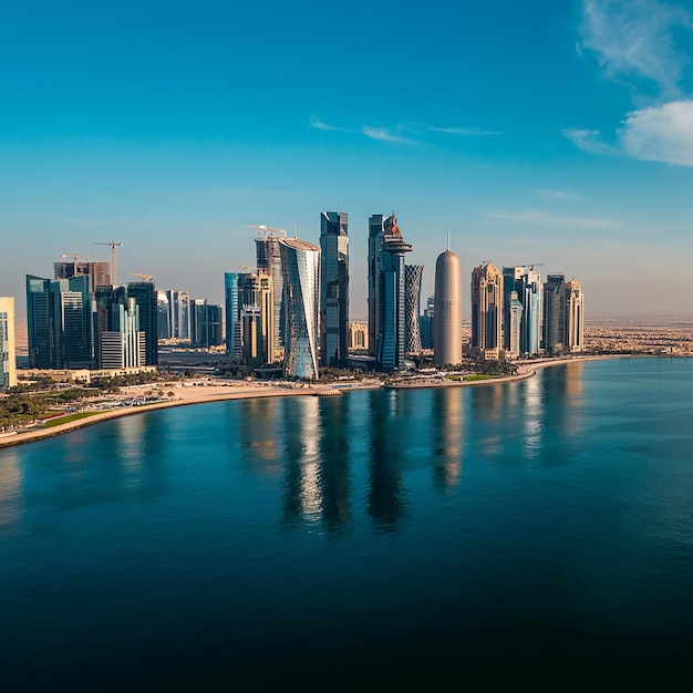 Doha modern city reflected in the sea Qatar