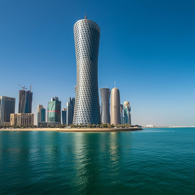 Doha modern city reflected in the sea Qatar