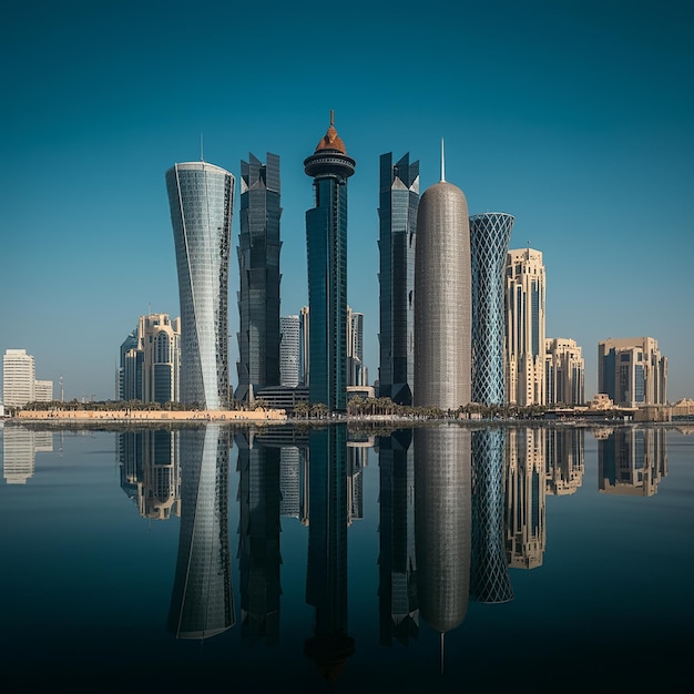 Doha modern city reflected in the sea Qatar