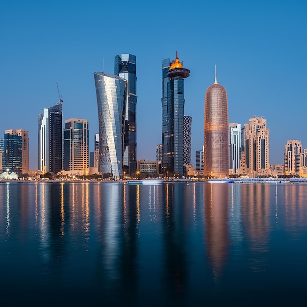 Doha modern city reflected in the sea Qatar