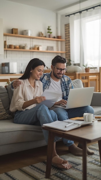 Doing Accounting at Home Happy Couple Using Laptop Computer Sitting on Sofa in Apartment