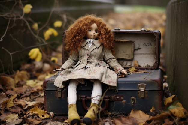 Doll abandoned in a suitcase with vintage clothing created with generative ai