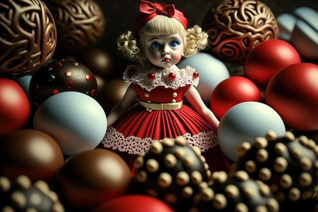 A doll candy bars and Christmas balls