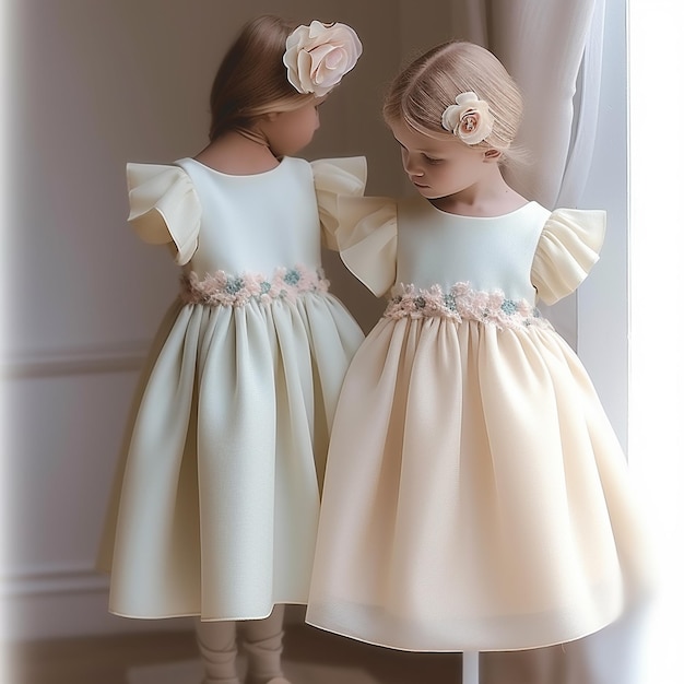 a doll and a girl are standing in front of a window.