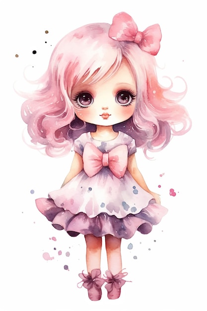 Doll girl toy watercolor clipart cute isolated on white background with Generative AI