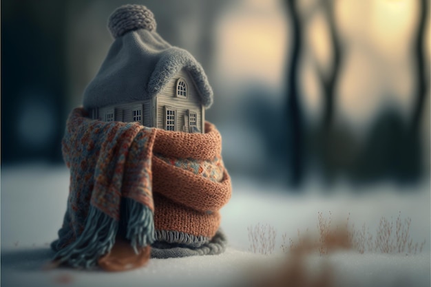 Doll house wrapped with scarf in front of blurred cold winter day background