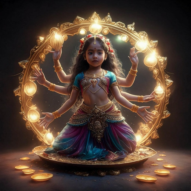 a doll is sitting on a gold ring with gold coins