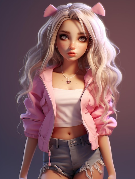 doll in pink and ripped shorts wears her long blonde hair in the style of photorealistic rendering