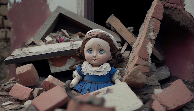 Doll and ruins of city buildings after the earthquake Generated AI