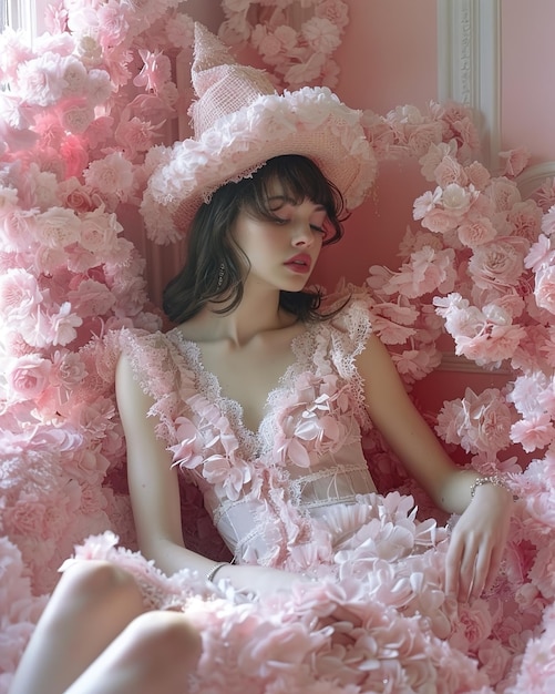 a doll sits in a bed with pink flowers