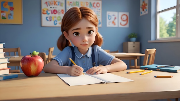 a doll sits at a desk with an apple and an apple