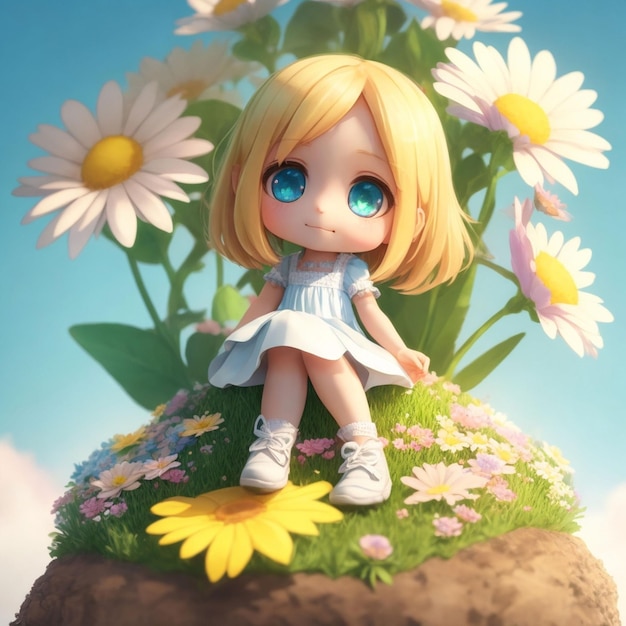 A doll sits on a rock with flowers in the background