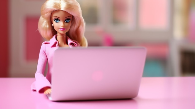 Doll using pink laptop