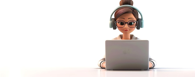 a doll wearing glasses and a laptop with headphones on