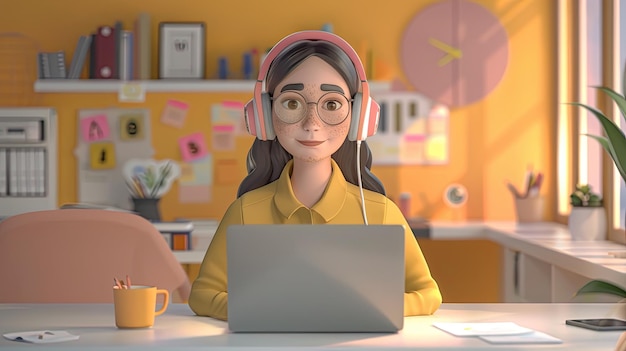 a doll wearing glasses sits in front of a laptop with a laptop and a pair of headphones