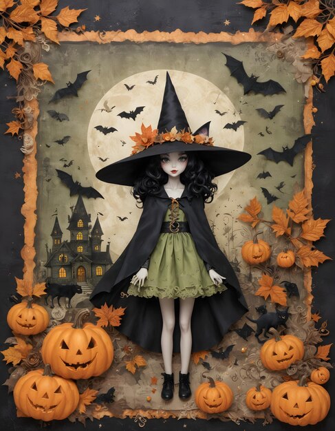 A doll witch in a halloween frame with pumpkins and haunted house and full moon in background