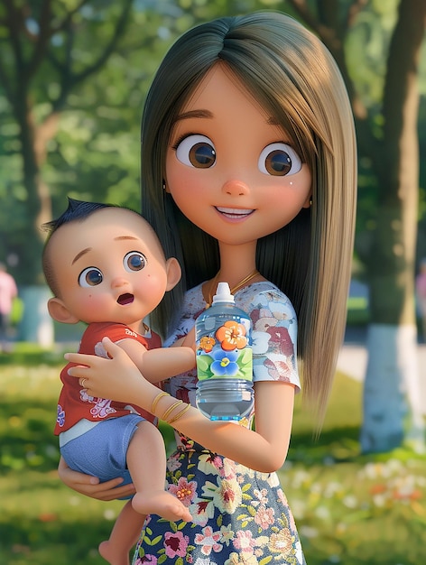 a doll with a baby in the background and a bottle of water in the foreground