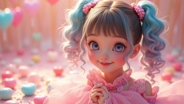 a doll with big blue eyes and a pink dress on a pink background