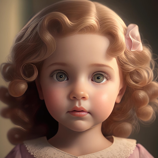 A doll with blonde hair and a pink dress has a pink bow on her head.